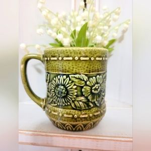 Vintage Olive Green Floral Stoneware Mug